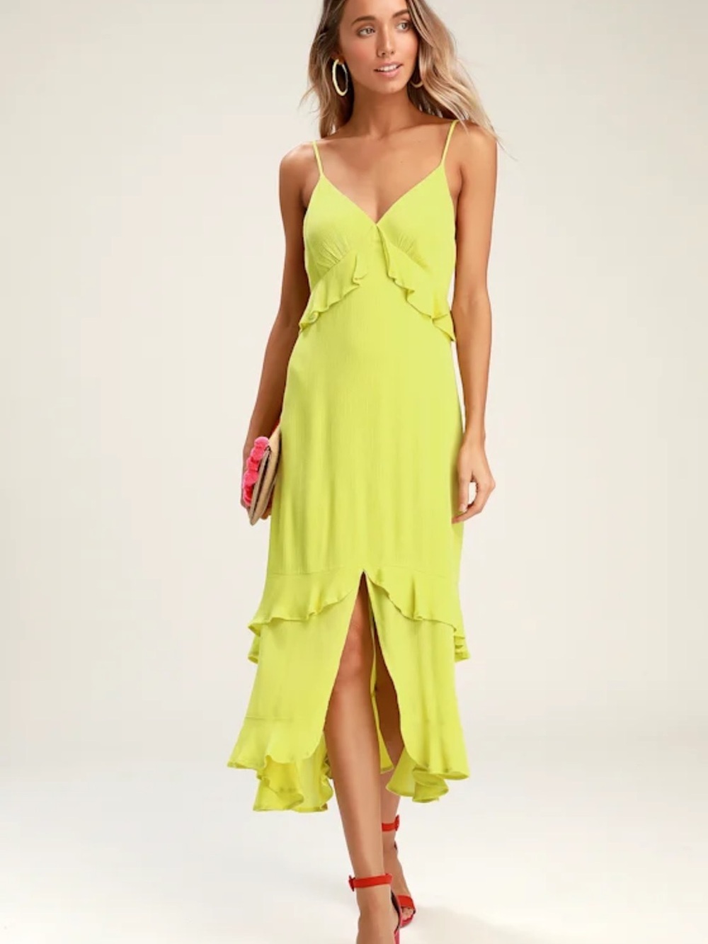 *NEW* Lulu's Island Time Lime Green Ruffled Midi Dress